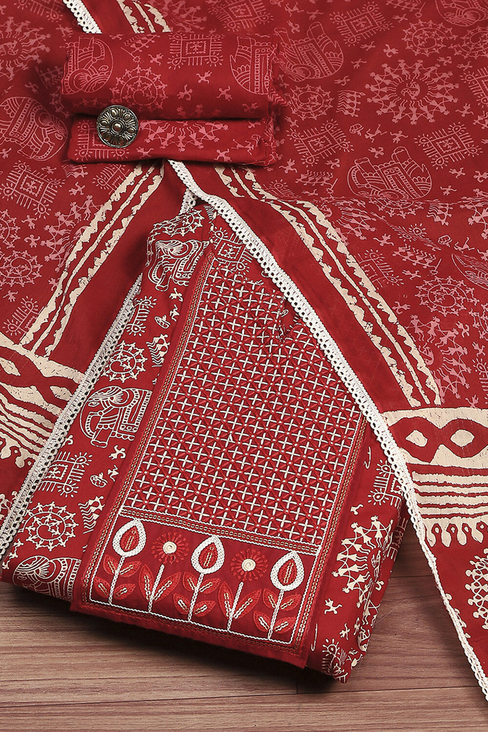 Red Cotton Printed Embroidered Unstitched Suit Set image number 0
