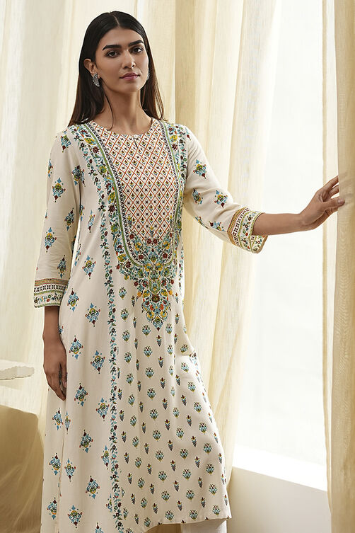 Cream-Colored Printed Straight Kurta image number 6