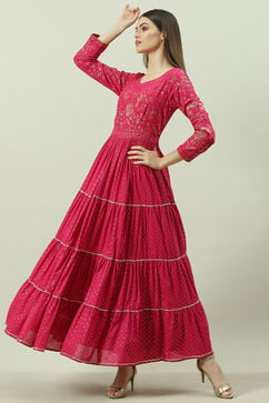 Pink Cotton Flared Printed Dress image number 5