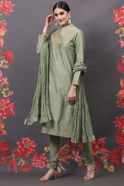 Rohit Bal Jade Green Cotton Silk Straight Embroidered Suit Set image number 0