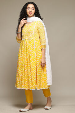 Yellow Cotton Anarkali Kurta Pant Suit Set image number 5