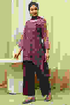 Maroon Chanderi Printed Embroidered Unstitched Suit Set image number 4