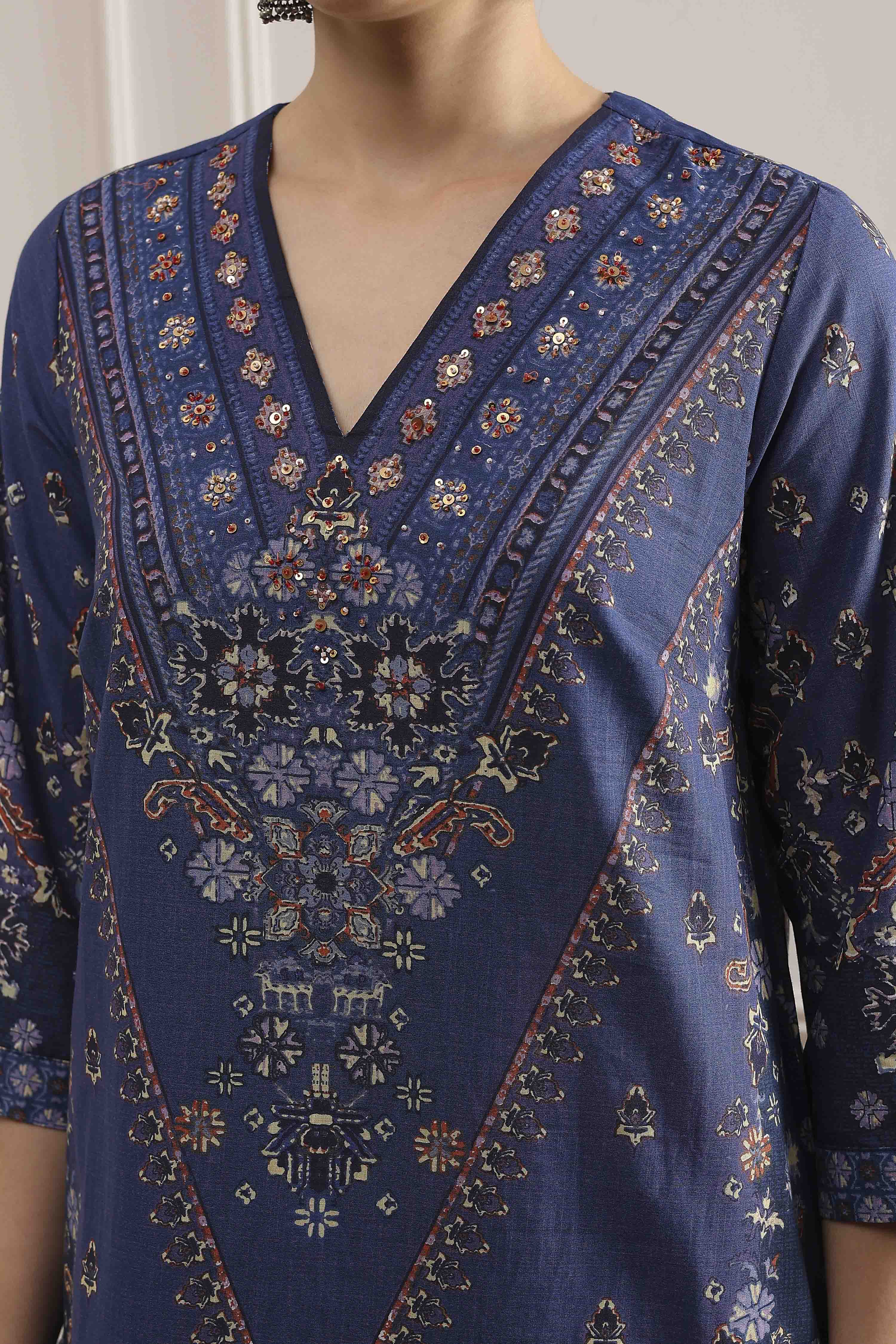 Blue Cotton Printed Straight Suit Set image number 1