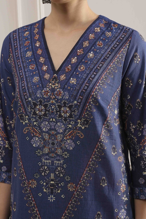 Blue Cotton Printed Straight Suit Set image number 1