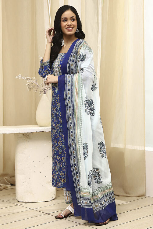 Royal Blue Cotton Screen Print Unstitched Suit Set image number 4