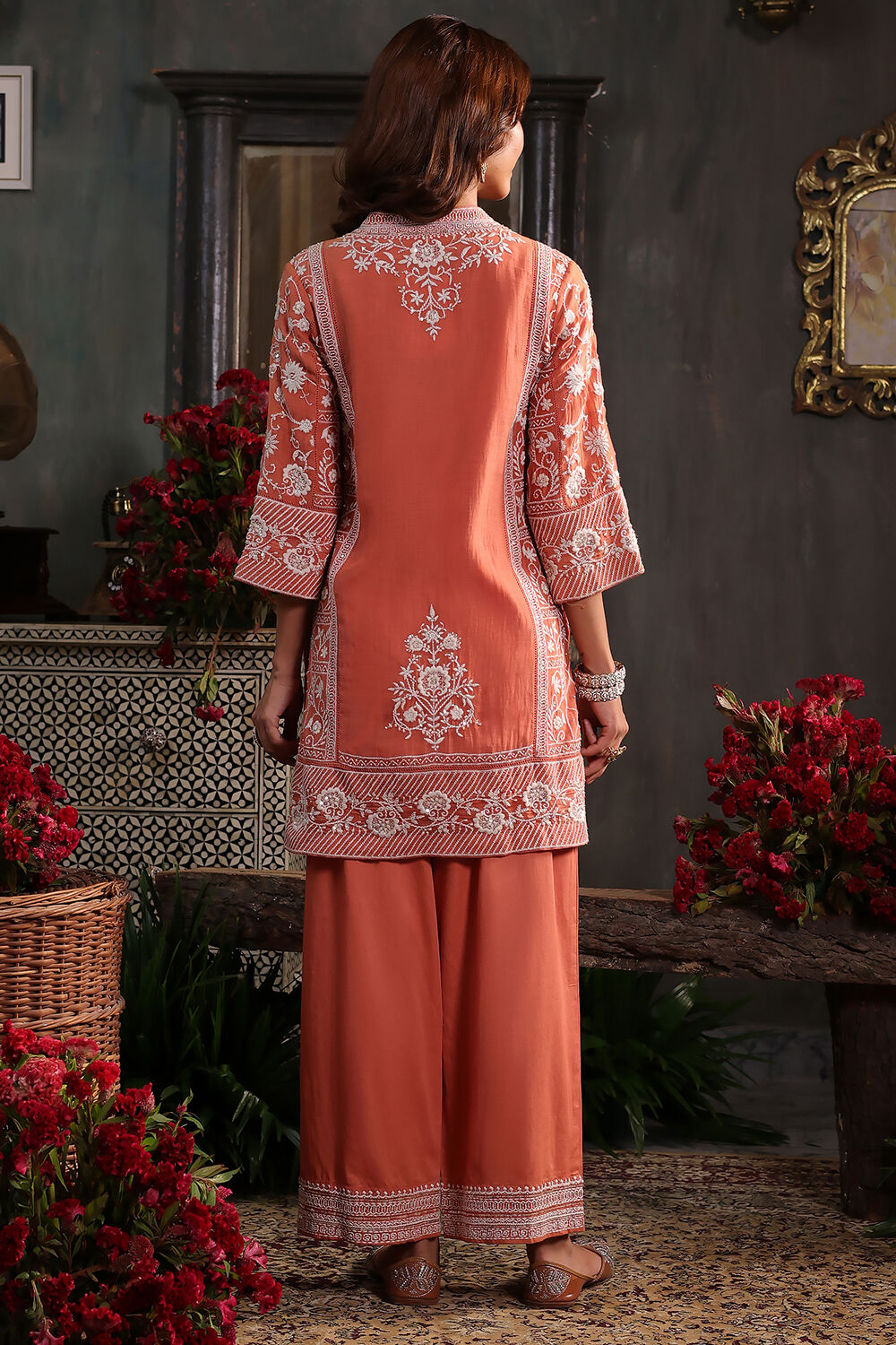 Orange Chanderi Embroidered Straight Suit Set image number 4
