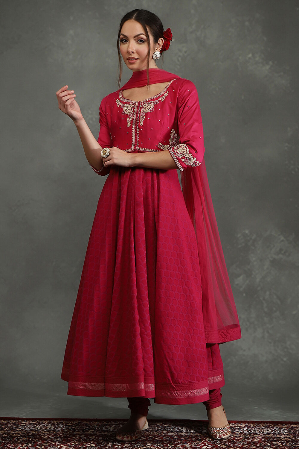 Pink Silk Chanderi Floral Anarkali Suit Set image number 3