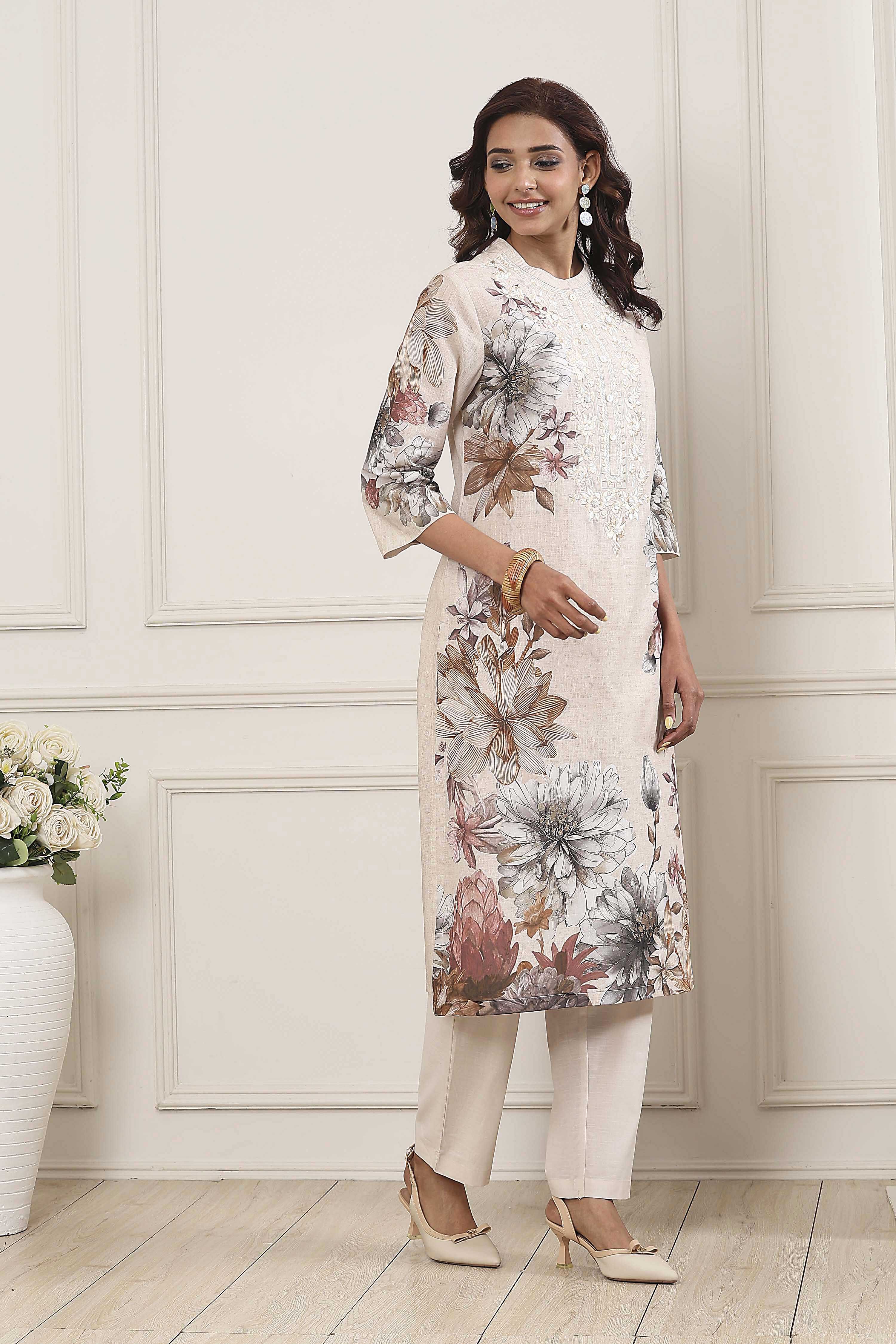Beige Cotton Floral Printed Straight Kurta Set image number 5