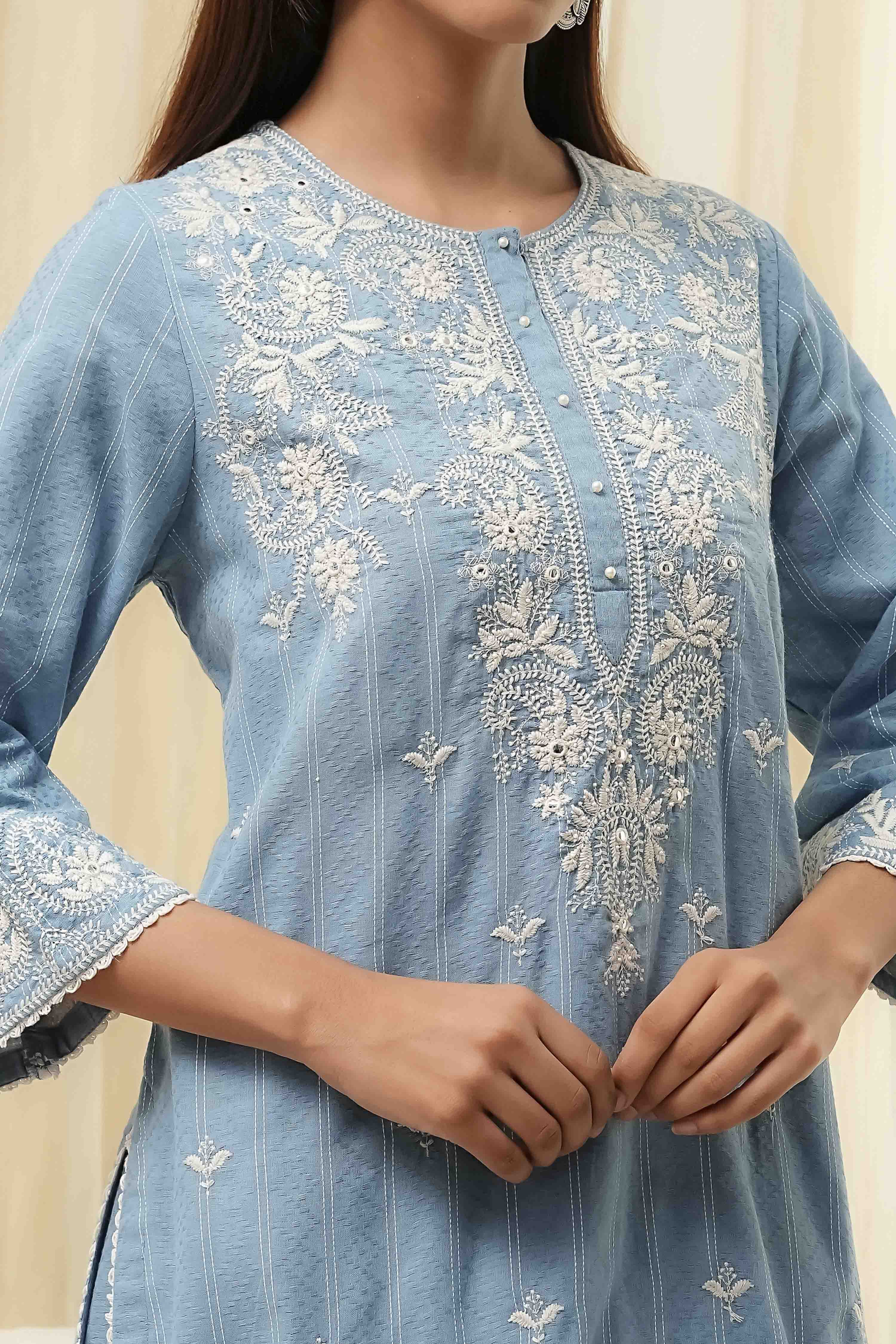 Blue Cotton Embroidered Straight Kurta Set image number 1