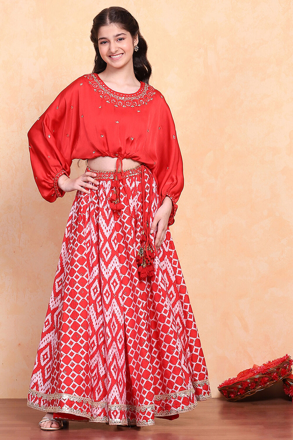 Red Printed Fusion Flared Lehenga Set image number 6