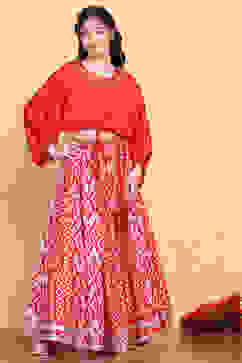 Red Printed Fusion Flared Lehenga Set image number 6