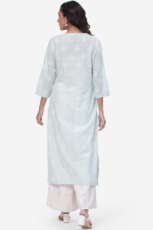 Aqua Blue Cotton Straight Suit Set image number 4