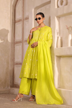 Lime Green Silk Gathered Yarndyed Suit Set image number 6