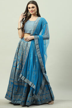 Turquoise Art Silk Straight Kurta Lehenga Suit Set image number 2