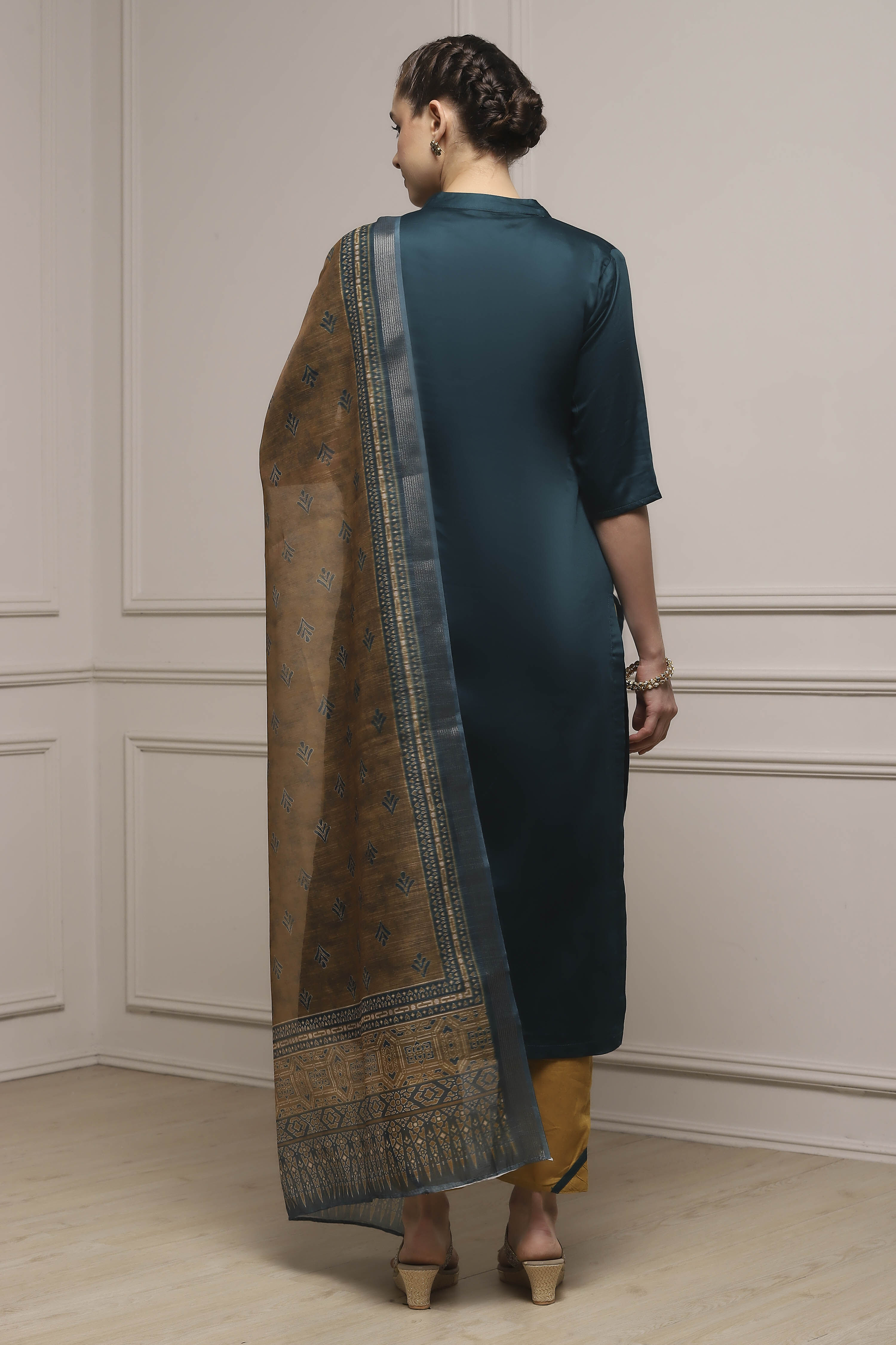 Blue Cotton Printed Embroidered Unstitched Suit Set image number 5