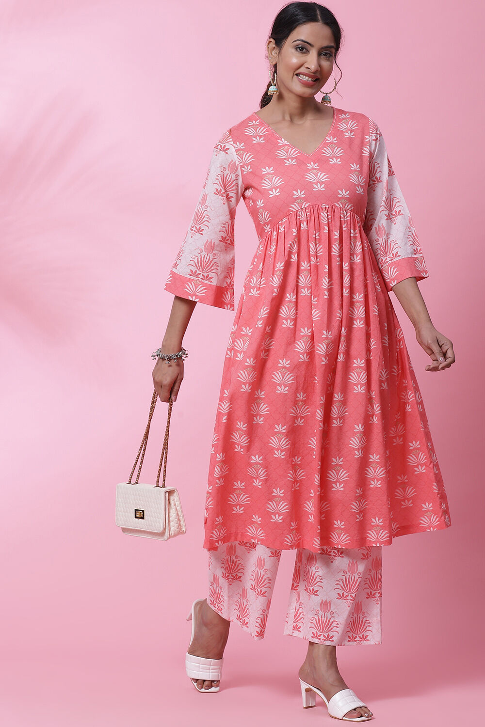Peach Cotton Flared Kurta Set image number 6