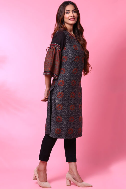 Charcoal Black Art Silk Printed Kurta image number 2