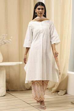 Beige and White Cotton Straight Suit Set image number 6