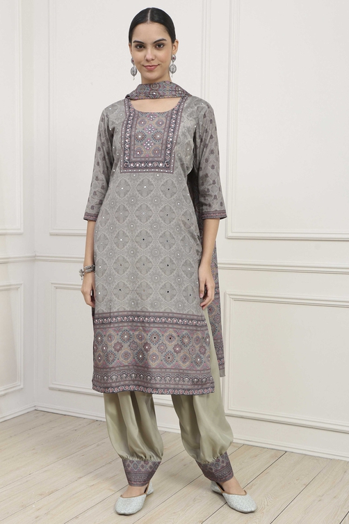 Grey Poly Crepe Digital Print Unstitched Suit Set image number 1