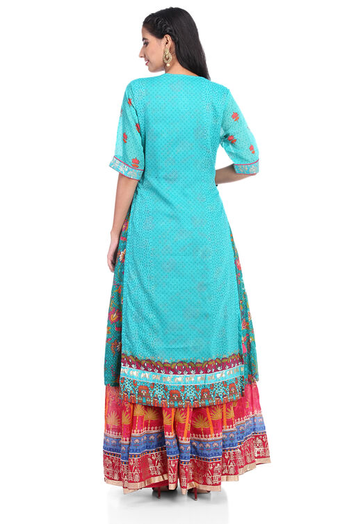 Teal Blue Art Silk A-Line Printed Kurta image number 4