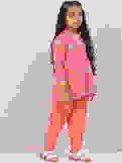 Orange Cotton Flared Printed Kurta Set image number 5