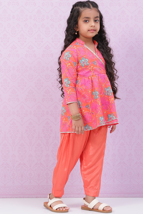 Orange Cotton Flared Printed Kurta Set image number 5
