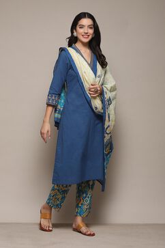 Blue Cotton Straight Kurta Pant Suit Set image number 6
