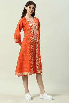Red Cotton A-Line Printed Kurta Dress image number 3