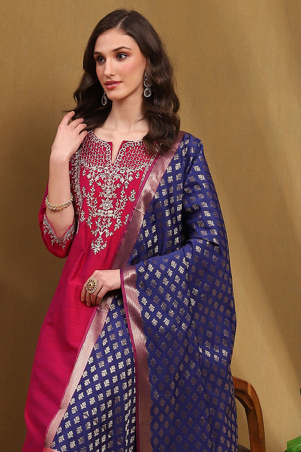 Magenta Floral Embroidered Festive Straight Suit Set image number 7