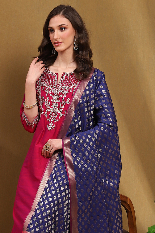 Magenta Floral Embroidered Festive Straight Suit Set image number 7