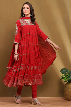 Red Cotton Embroidered Tiered Anarkali Suit Set image number 5