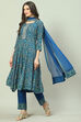 Indigo LIVA Kalidar Kurta Pant Suit Set image number 6