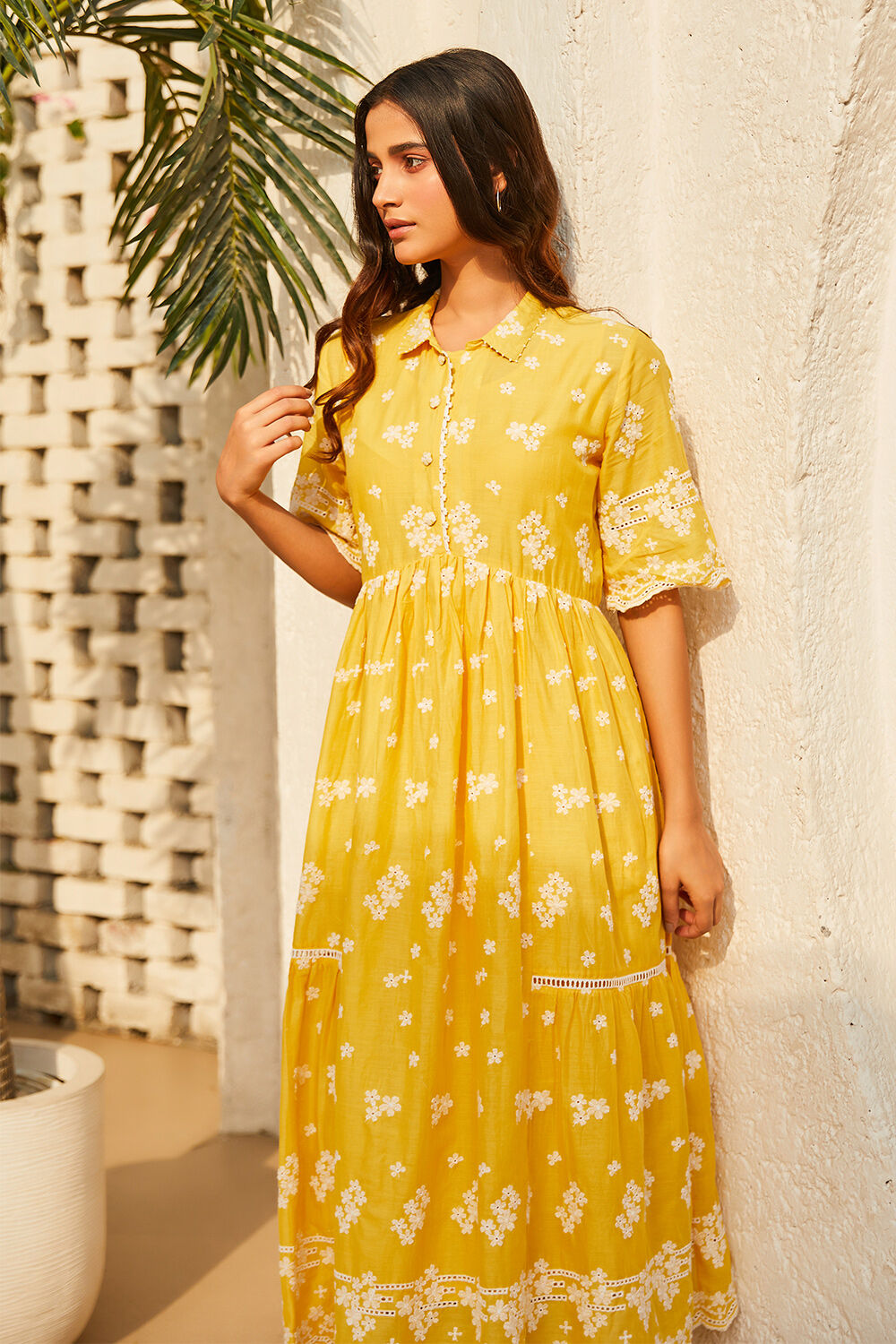 Yellow Cotton Embroidered Tiered Dress image number 6