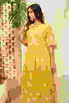 Yellow Cotton Embroidered Tiered Dress image number 6