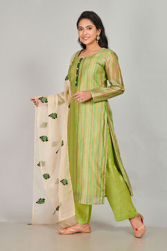 Green Cotton Blend Woven Unstitched Suit Set image number 5