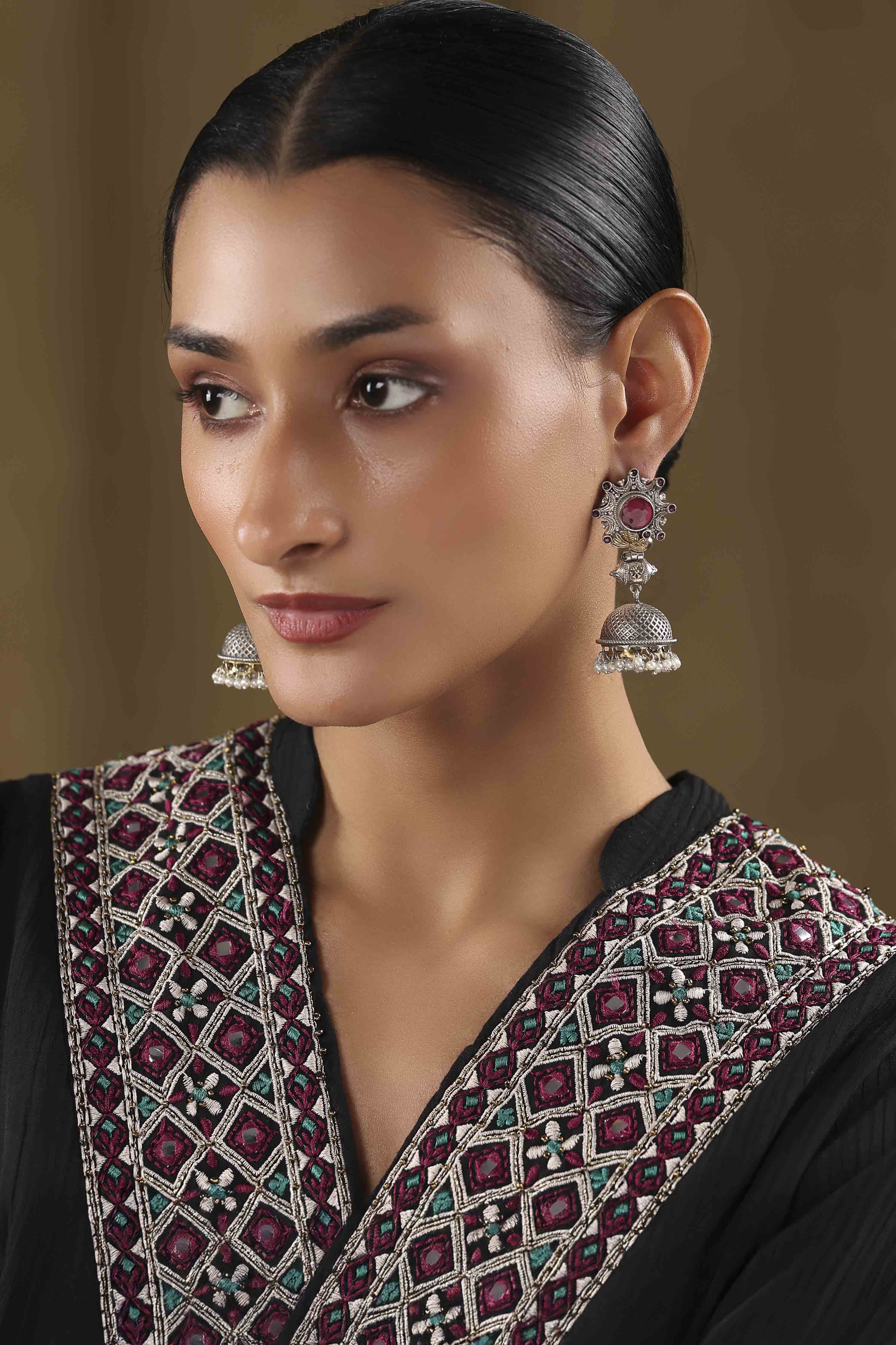 Dark Pink Stone Earrings image number 3