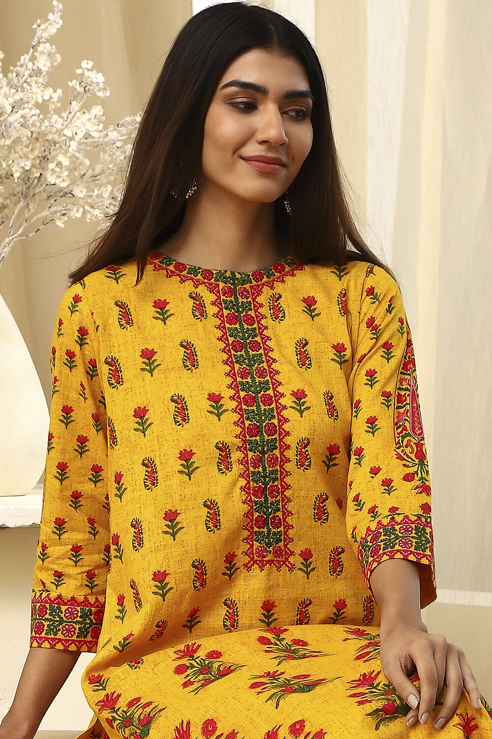 Yellow Pure Cotton Straight Kurta Set image number 1