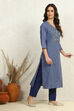 Dark Blue Cotton Floral Handloom Unstitched Suit Set image number 6