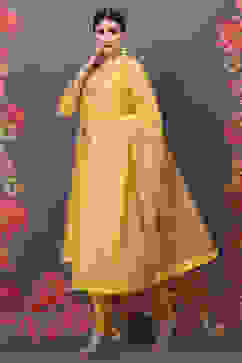 Rohit Bal Yellow Cotton Silk Straight Embroidered Suit Set image number 5