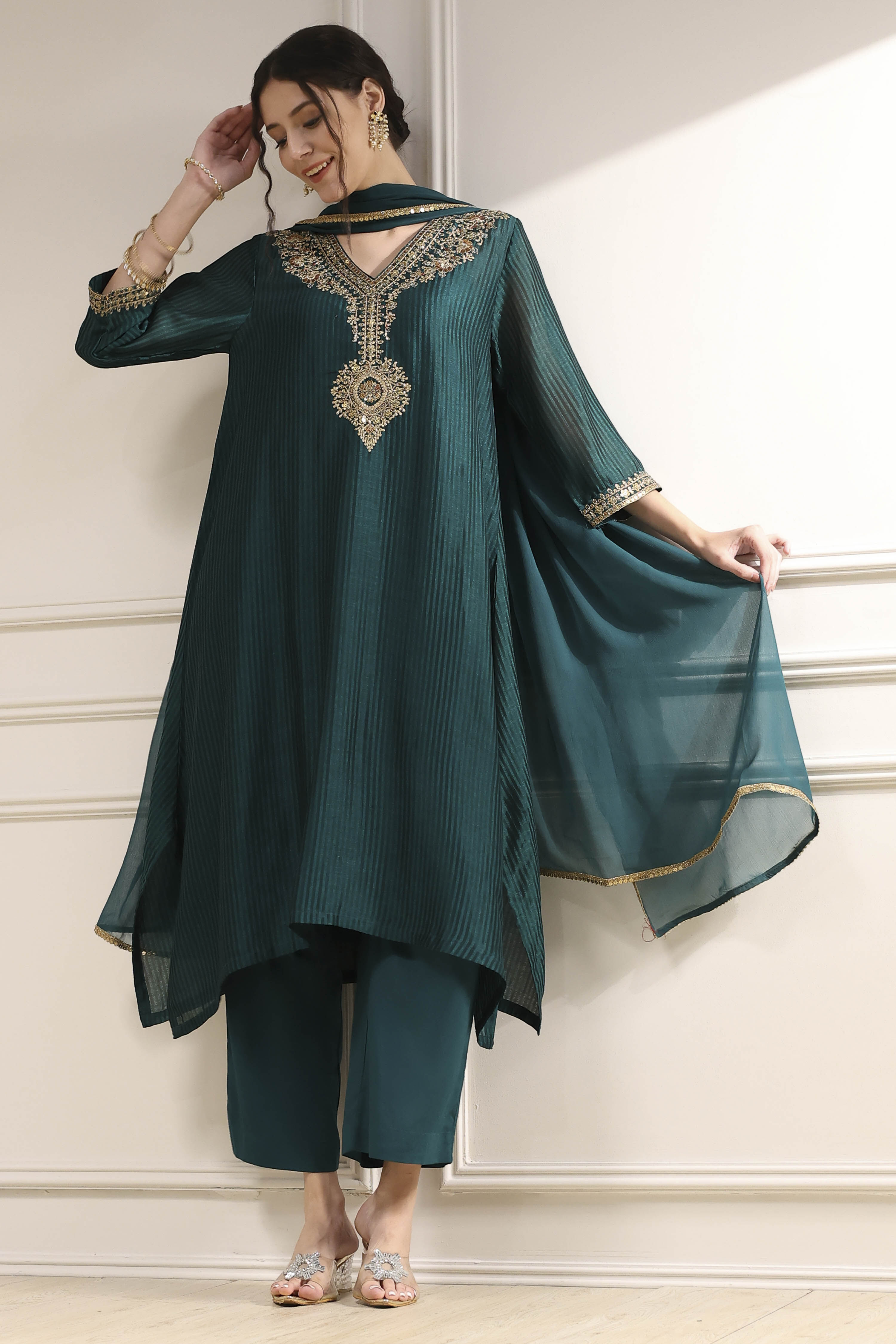 Green Striped Straight Suit Set image number 1