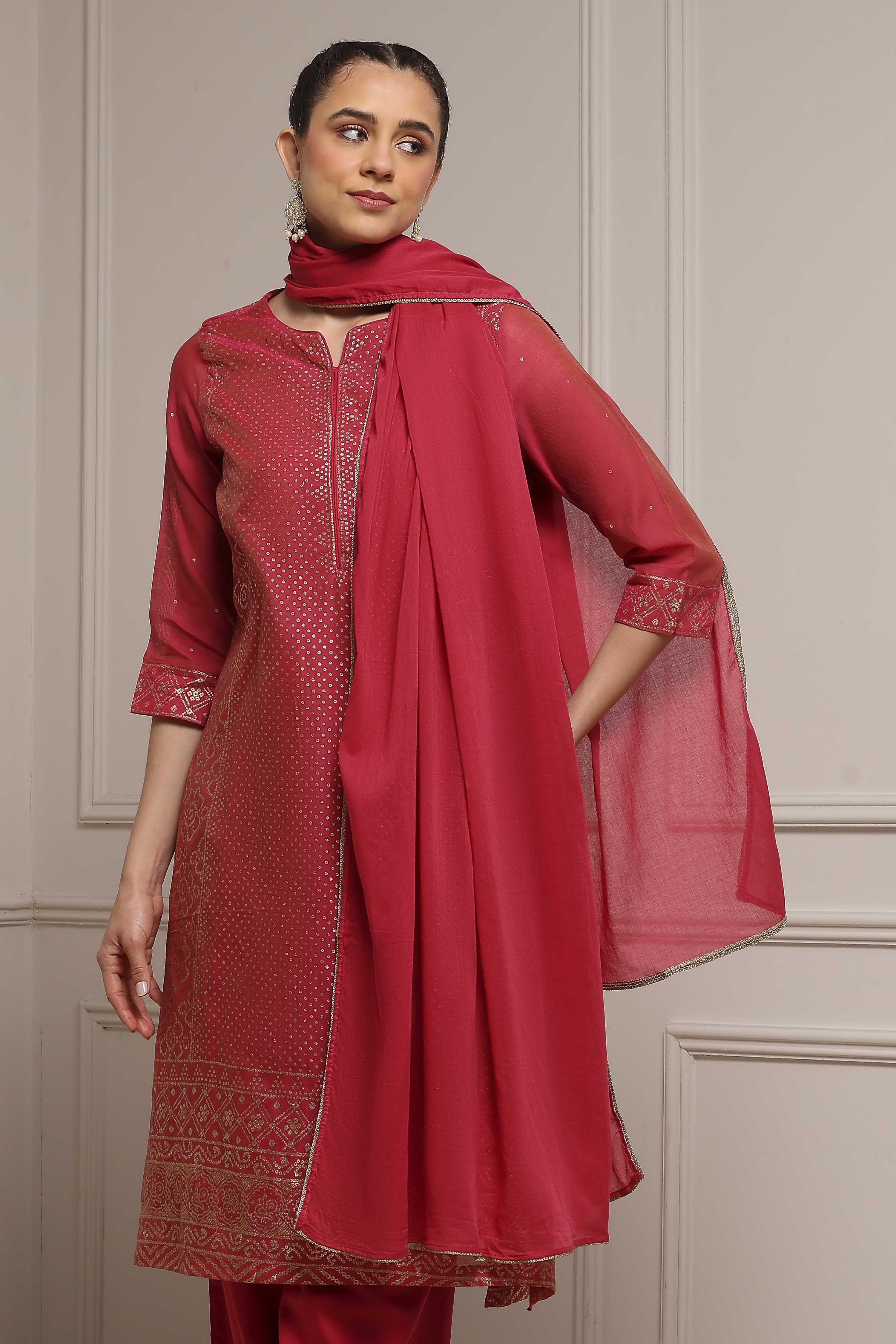 Pink Cotton Blend Printed Straight Suit Set image number 6