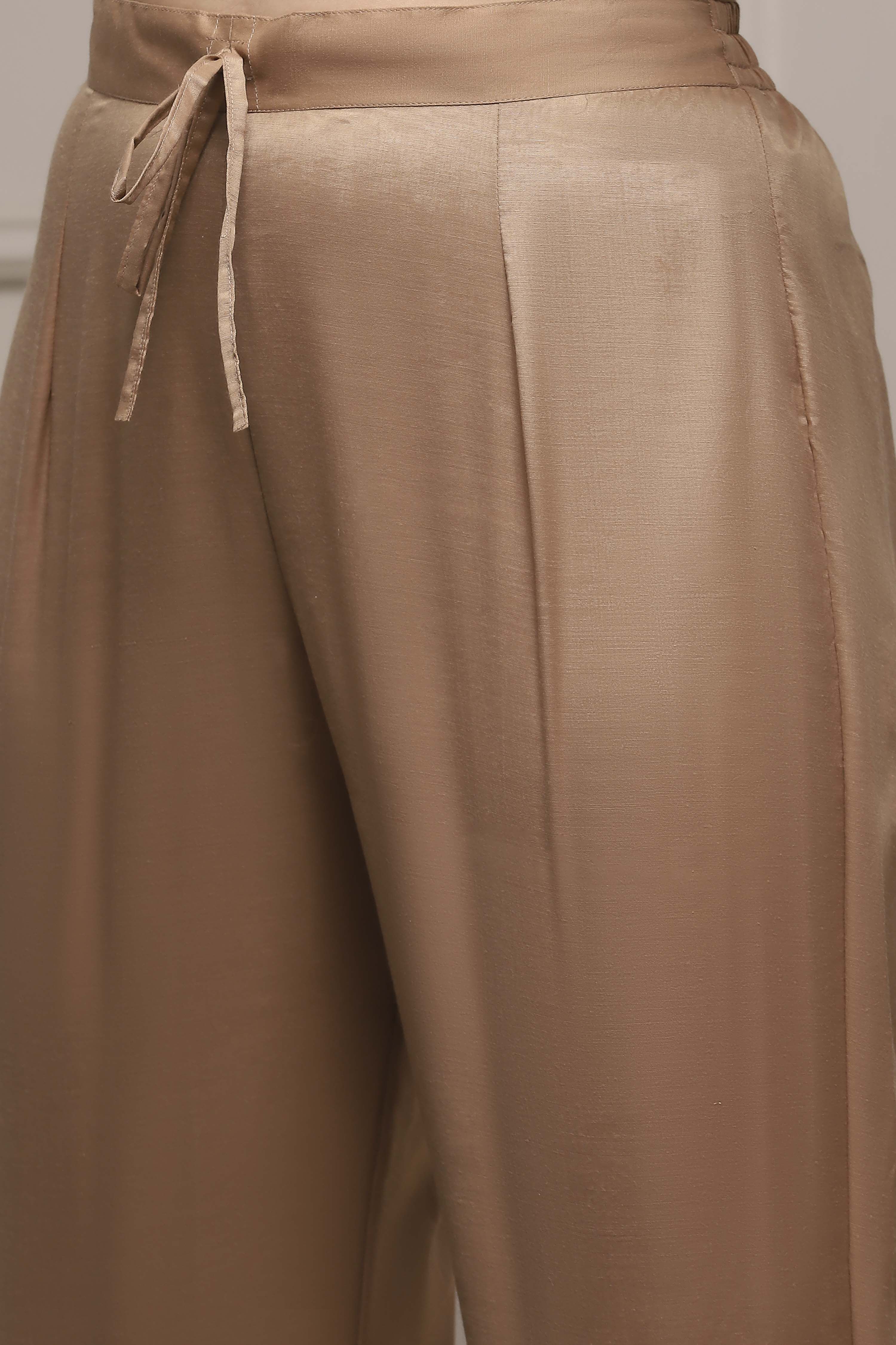 Brown Chanderi Blend Printed Embroidered Unstitched Suit Set image number 3