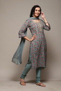 Sea Green Cotton Handloom Unstitched Suit Set image number 7
