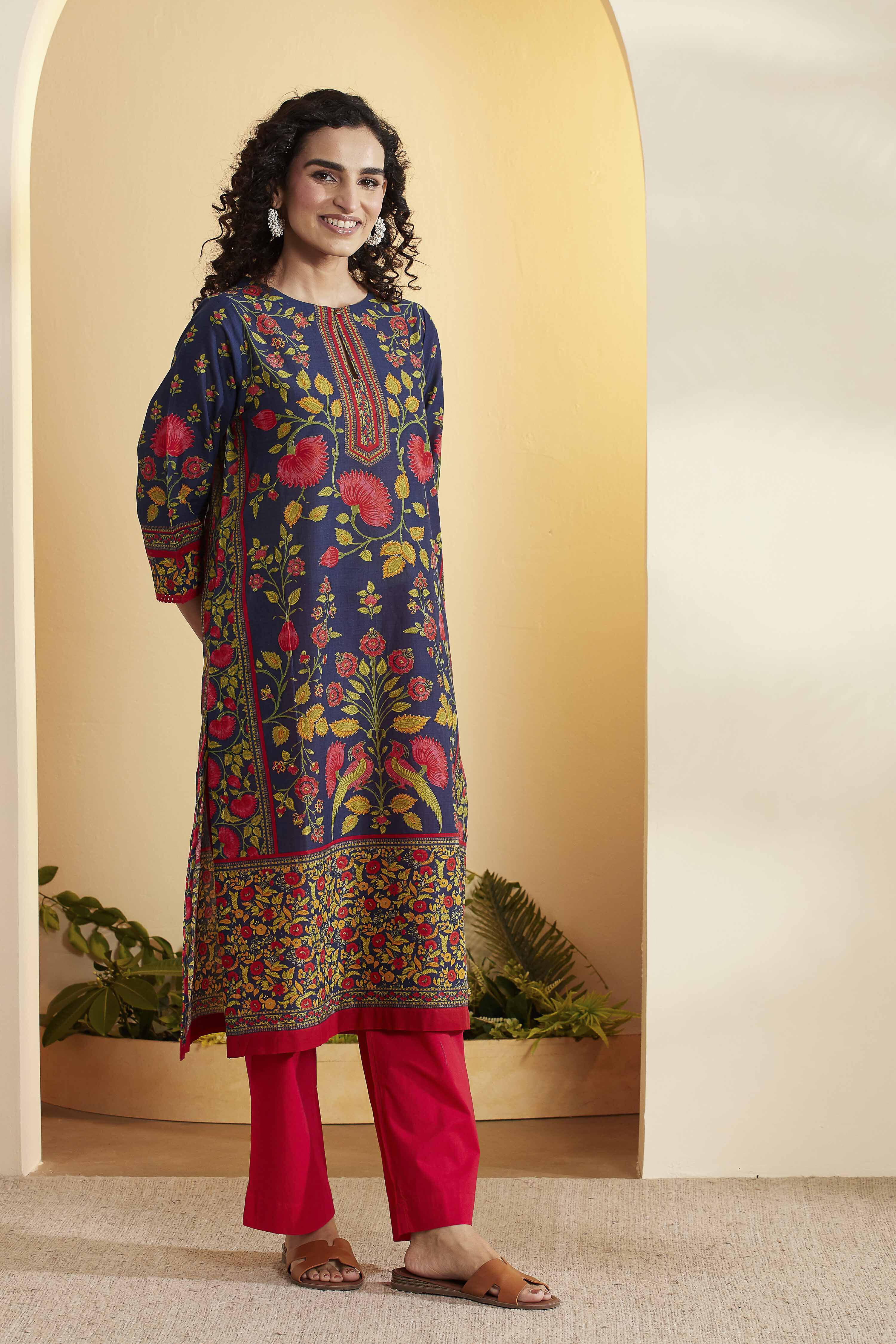 Blue Cotton Straight Kurta image number 3