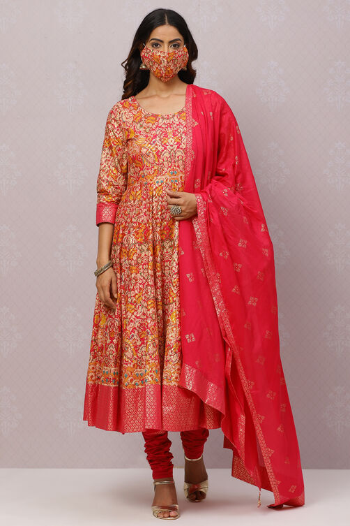 Fuchsia Cotton Anarkali Kurta Churidar Suit Set image number 4