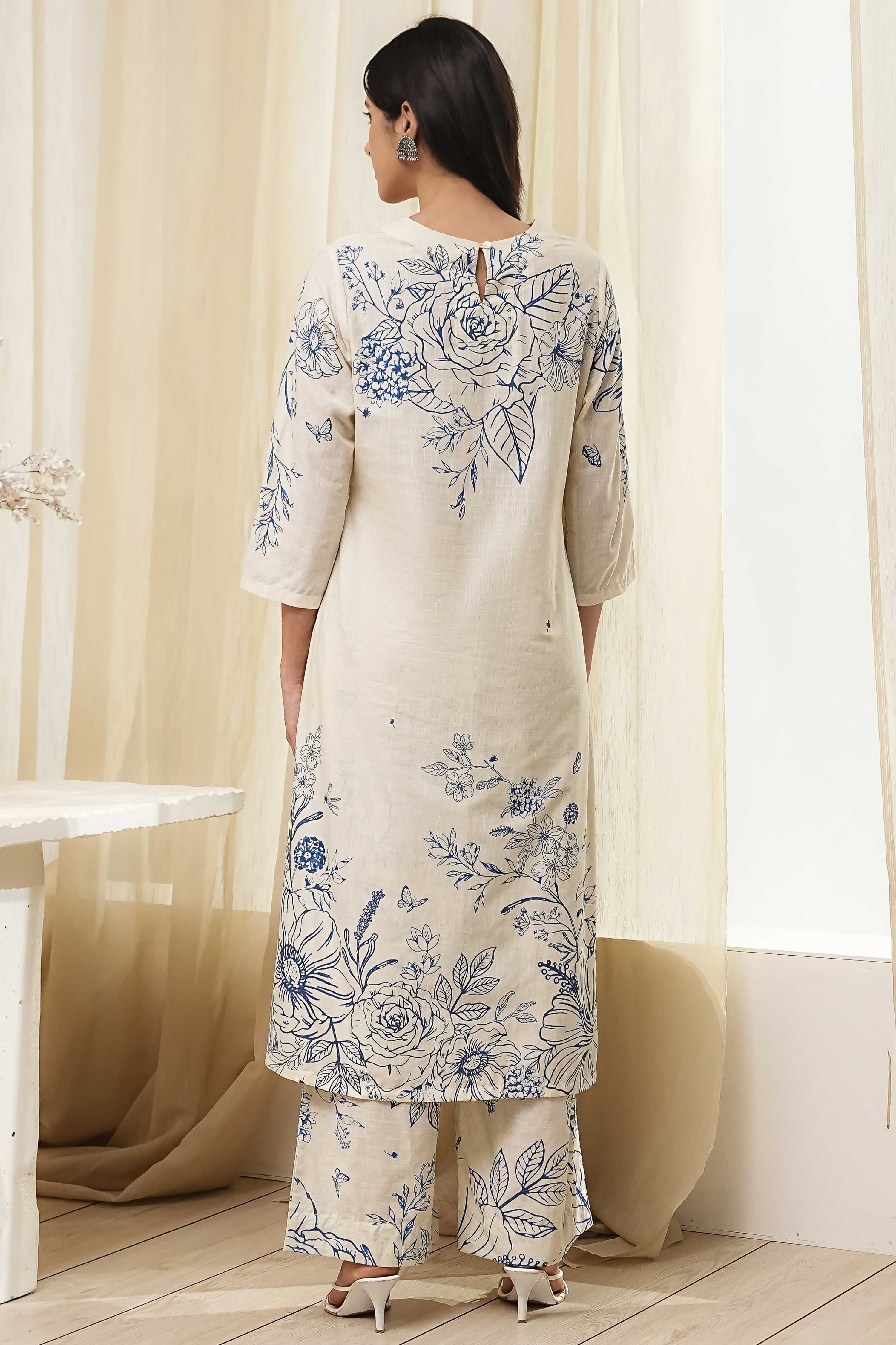 Off-White and Blue Cotton Straight Suit Set image number 4