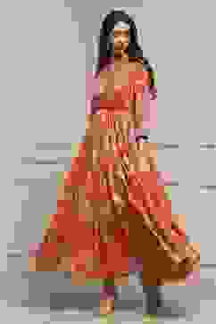 Orange Cotton Floral Tiered Dress image number 0