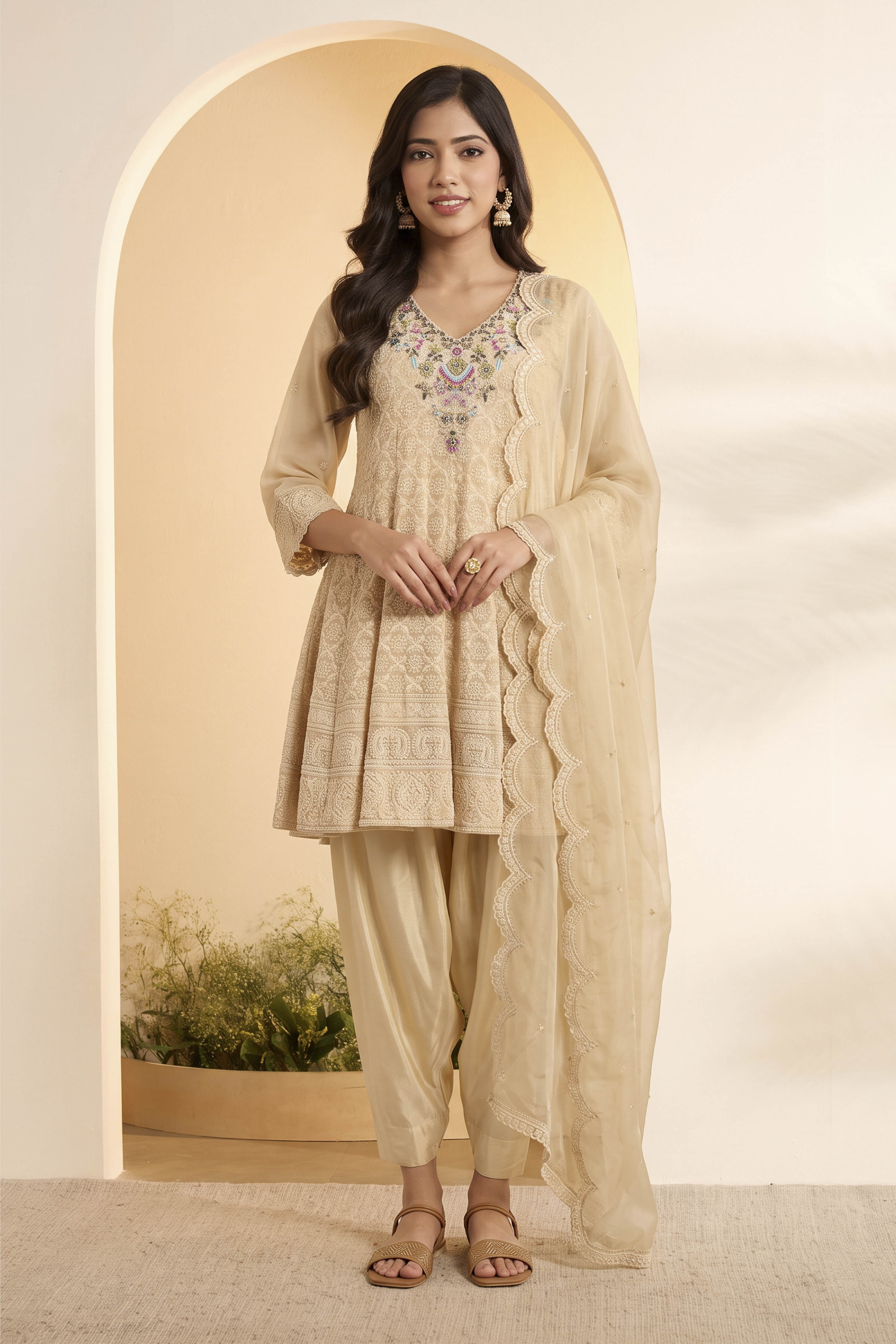 Beige Polyester Kalidar Suit Set image number 5
