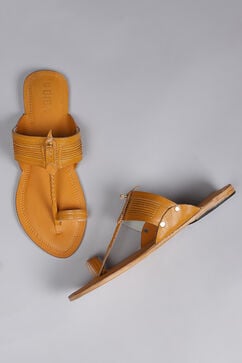 Mustard Yellow Leather Kolhapuri Sandals image number 4