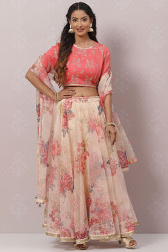 Coral Cream Poly Cotton Lehenga Set image number 0